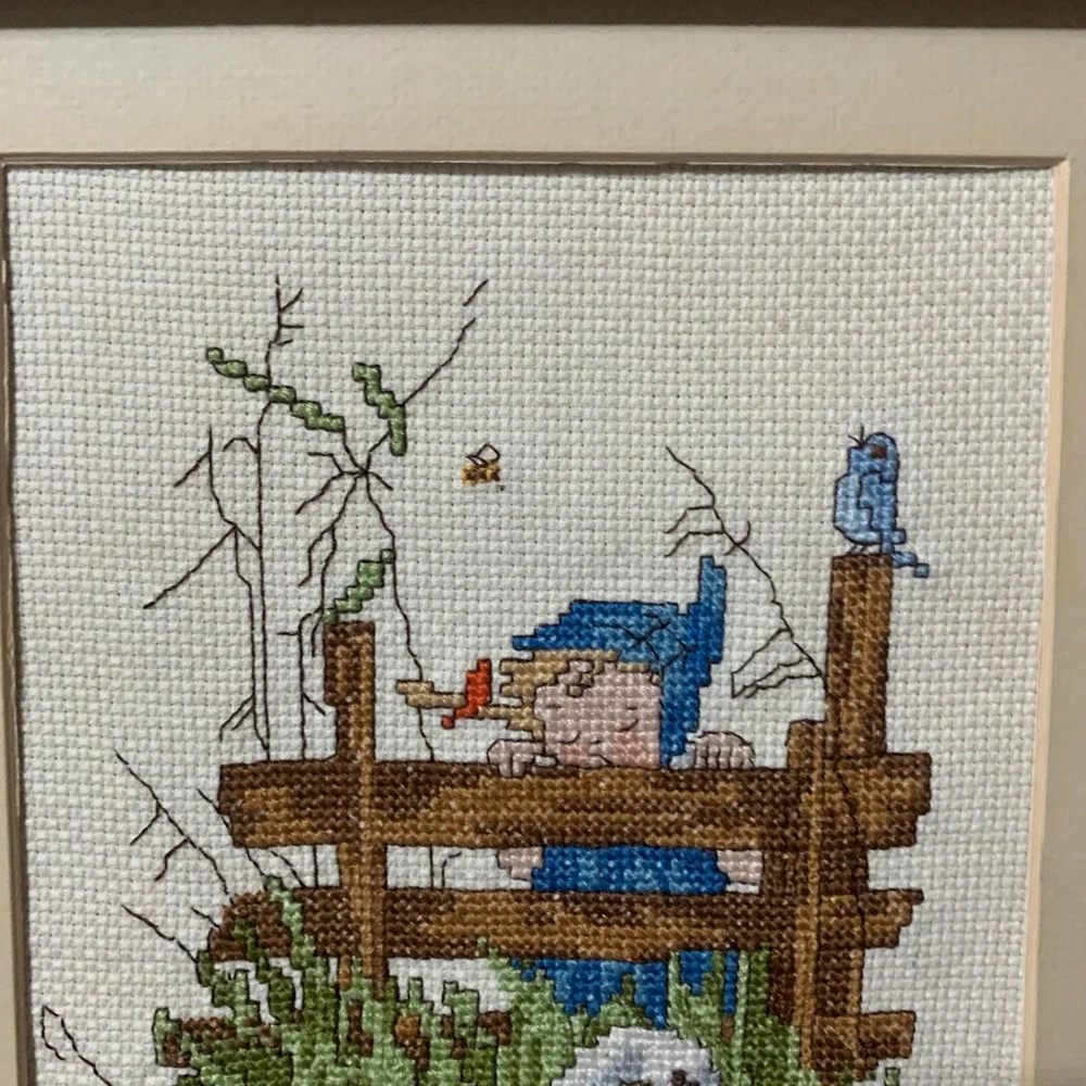 Needlepoint Art Framed Girl Swans Blue Brown Cottagecore Vintage